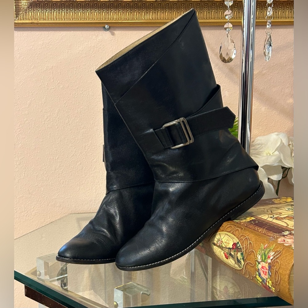 Vintage Hiroko Koshino Black Leather Ankle Boots with Buckle Detail Size 38/7.5